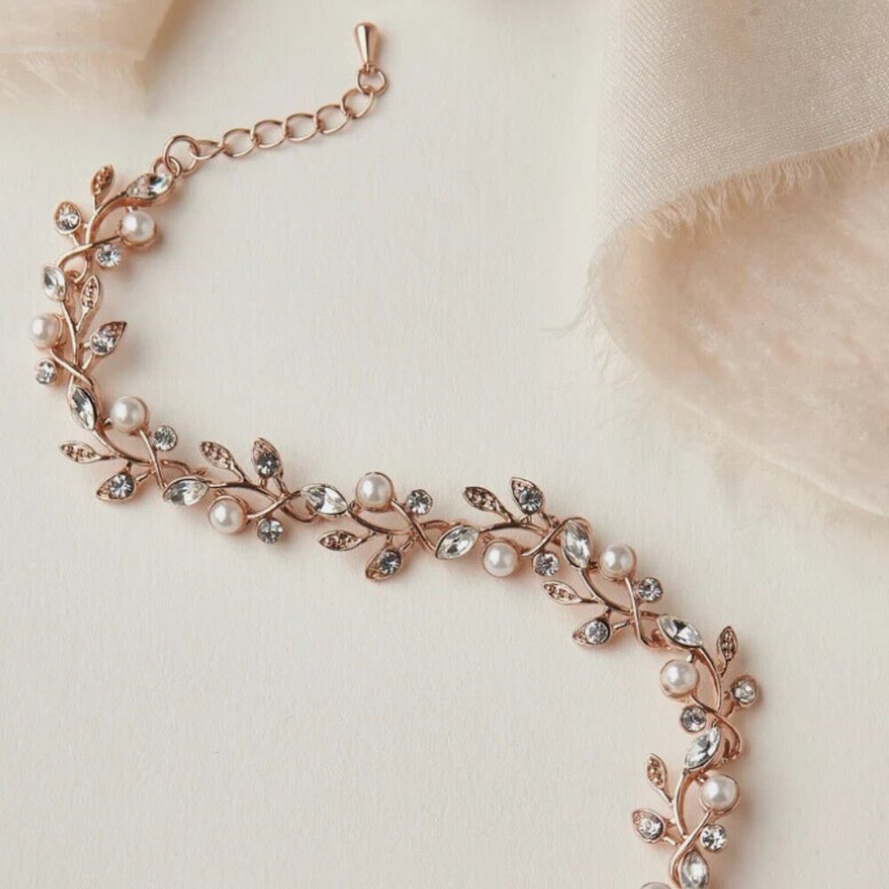 Rose Gold, Pearl and Crystal Bridal Bracelet, Floral Pearl, Brand New